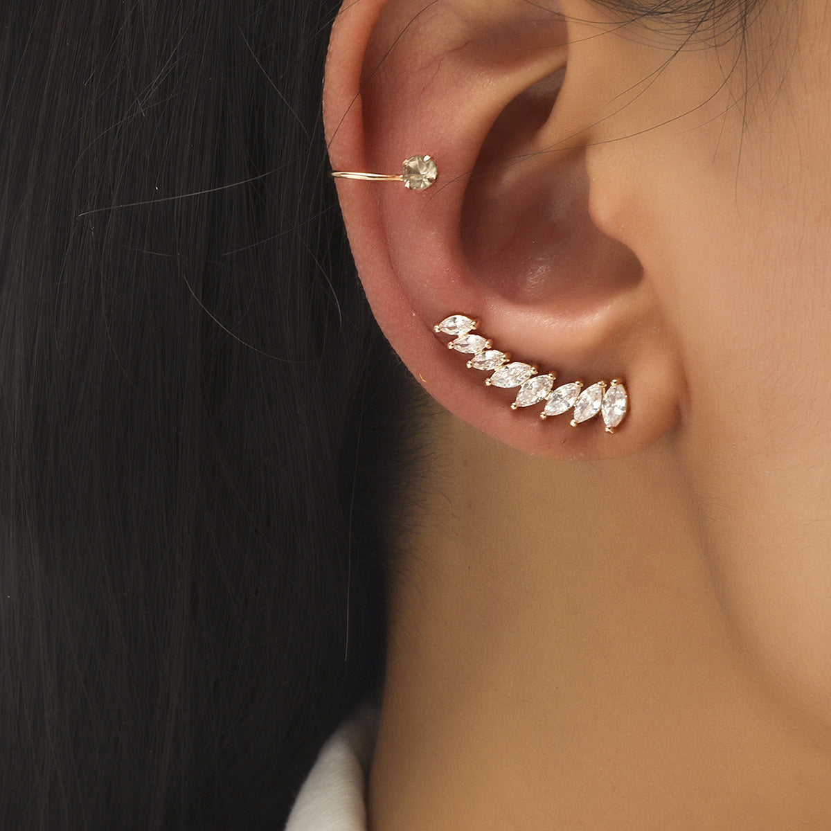Simple Star Small Diamond Ear Clip Leaf Flower Sun Flower Geometric Pearl Zircon No Pierced Ear Stud Set