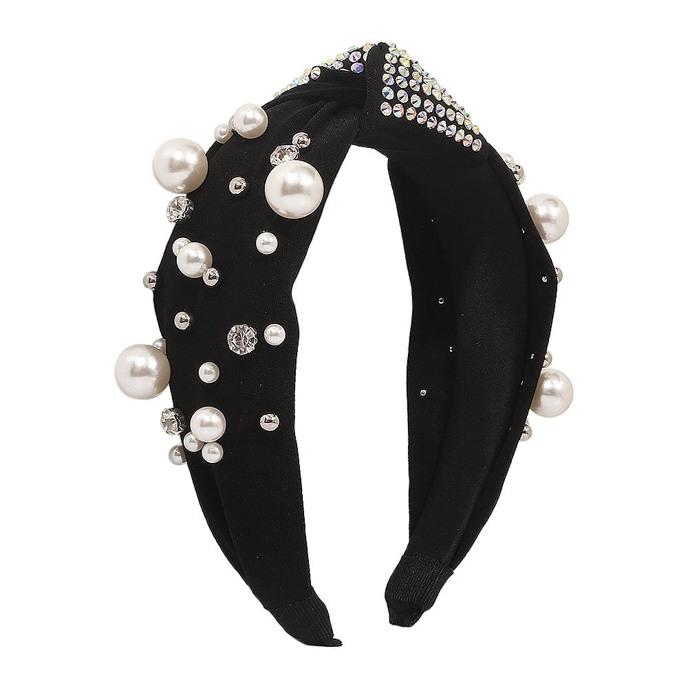 F396 Retro Temperament Hair Accessories Fashion Cross Knotted Imitation Pearl Headband Diamond Anti-slip Headband