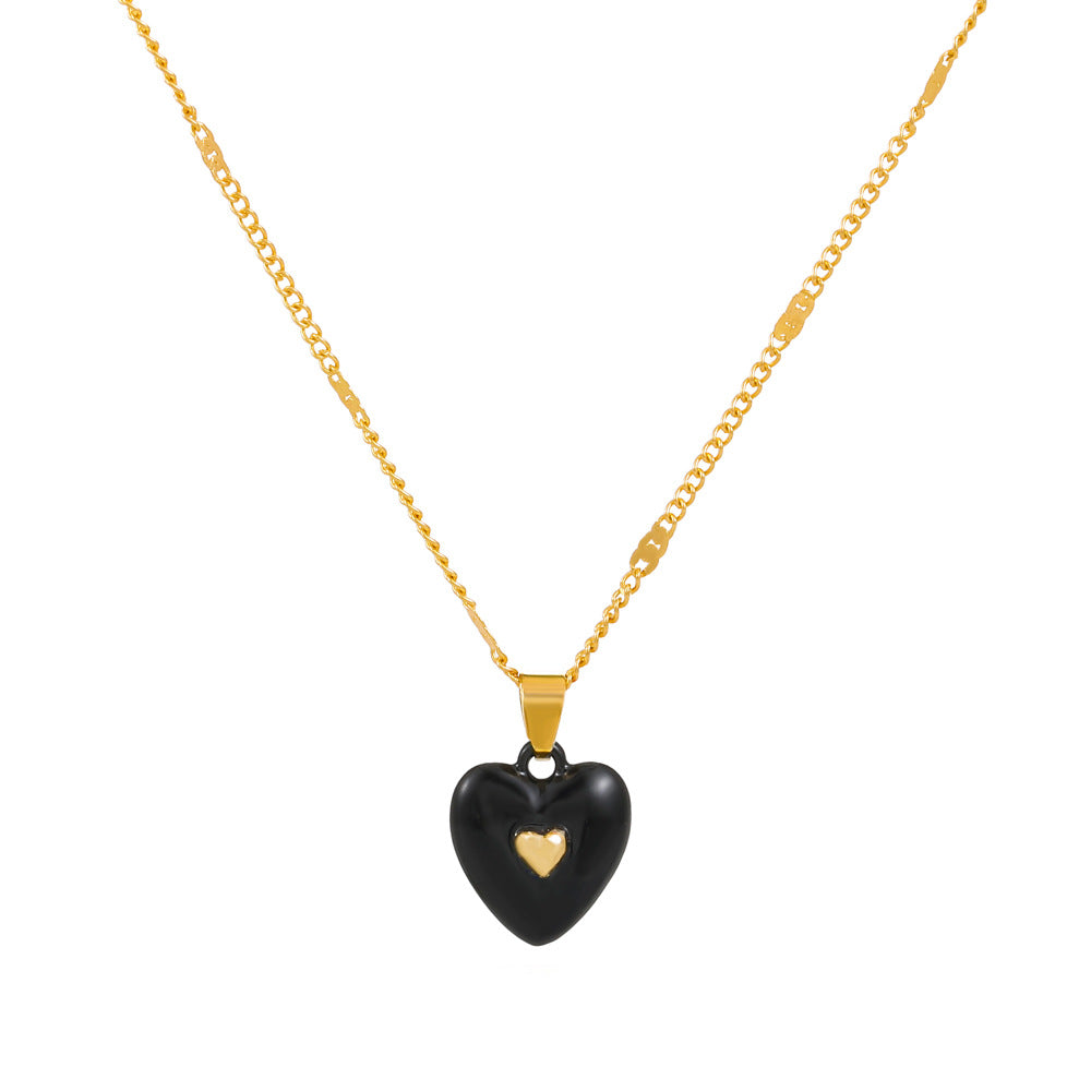 Fashion enamel dripping oil double love necklace French light luxury inlaid peach heart pendant clavicle chain simple necklace