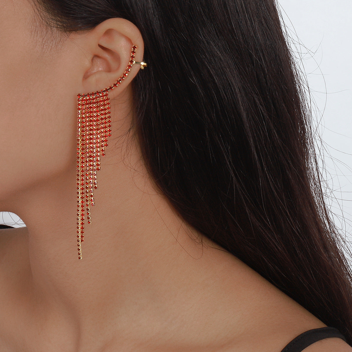 E1274 Temperament Simple Pop Earrings Net Red Tassel Rhinestone Ear Needles Geometric Banquet Exaggerated Earrings
