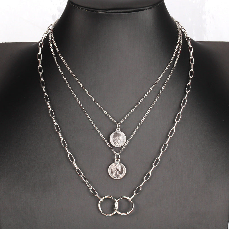 Decorated with multi-layered ring pendant necklace female ins cold beauty head pendant clavicle chain