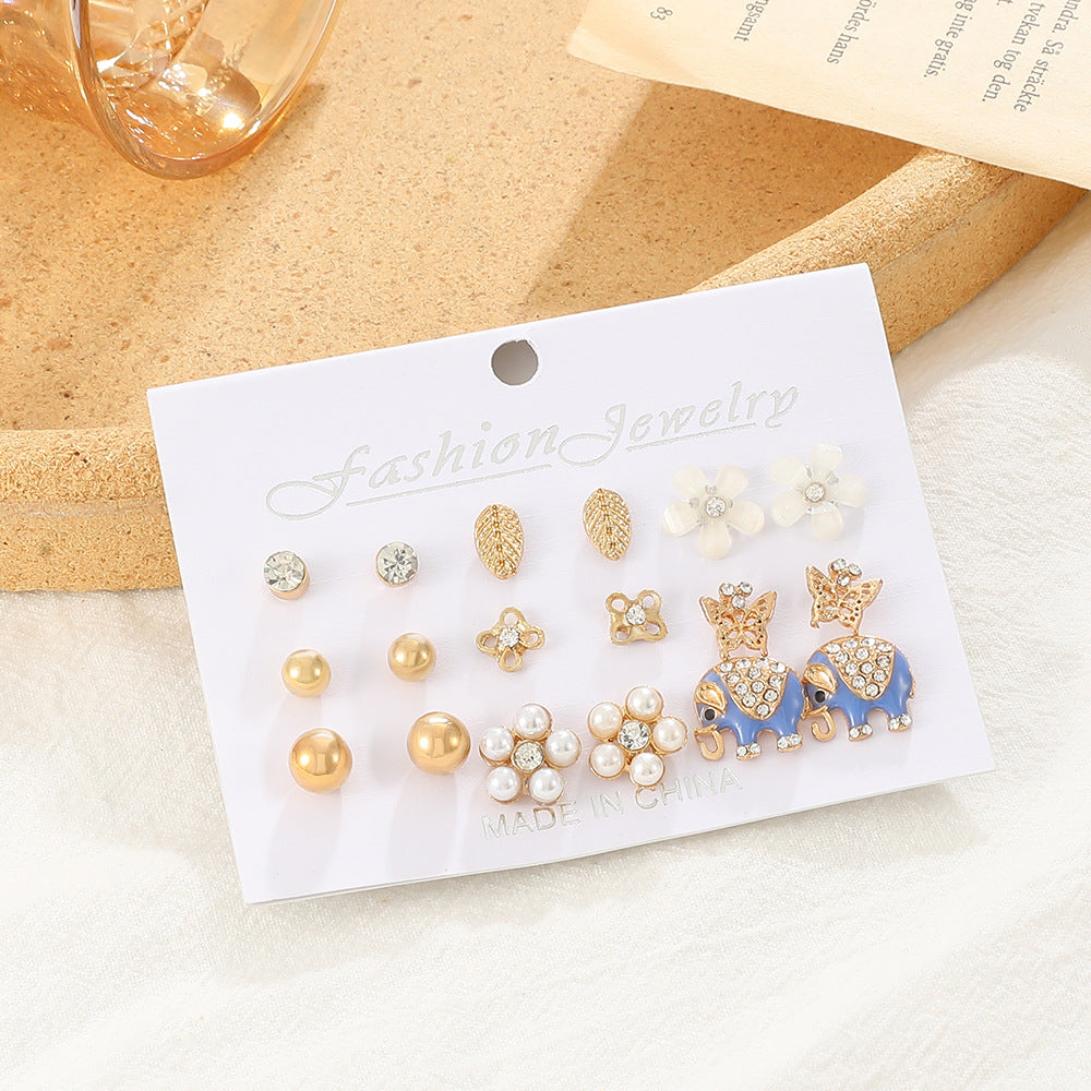 Simple Set Earrings Creative Cute Elephant Pearl Earrings Feminine Earrings Nine Pairs of Earrings