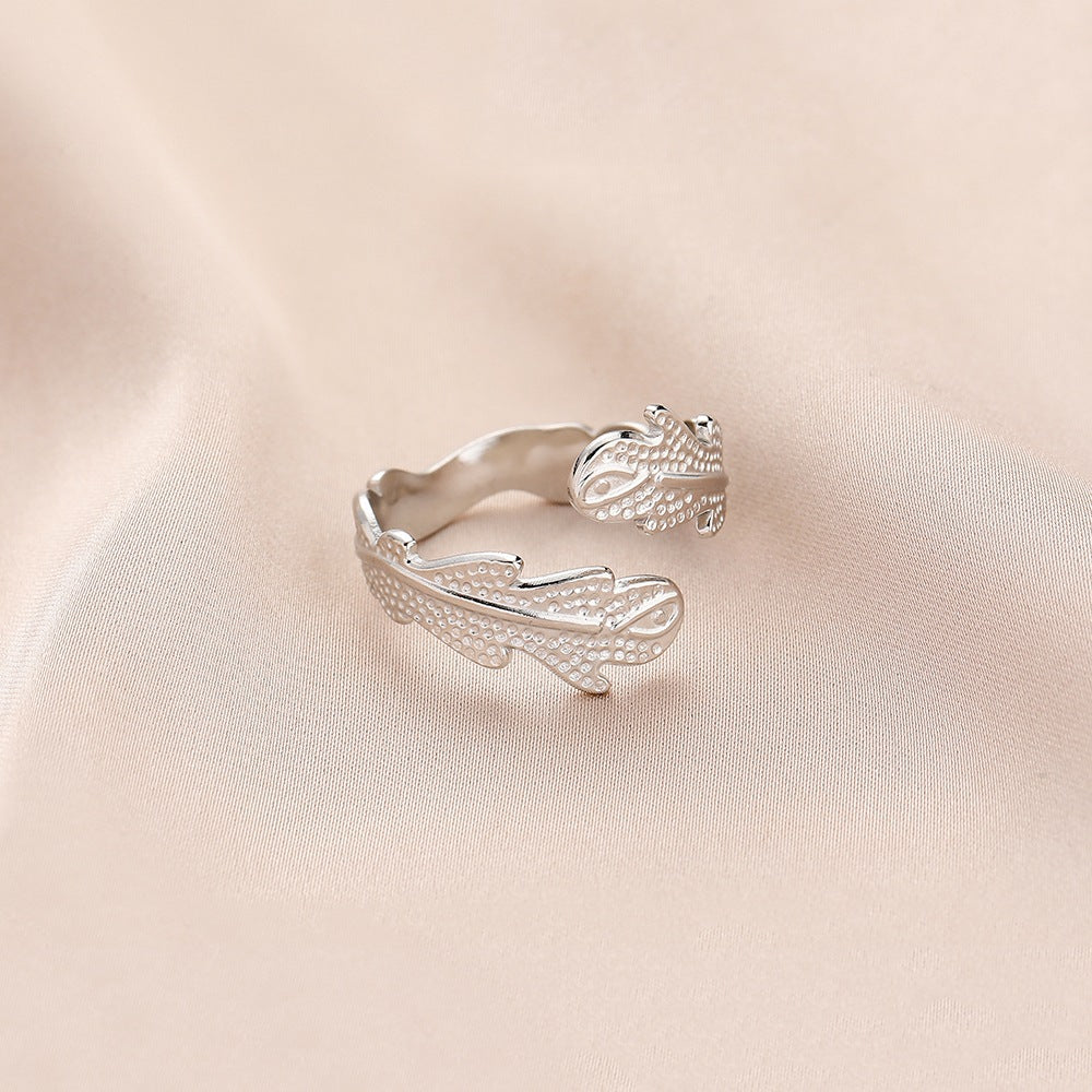 Fashion personality adjustable love stainless steel open ring simple feather leaf heart-shaped ring jewelry