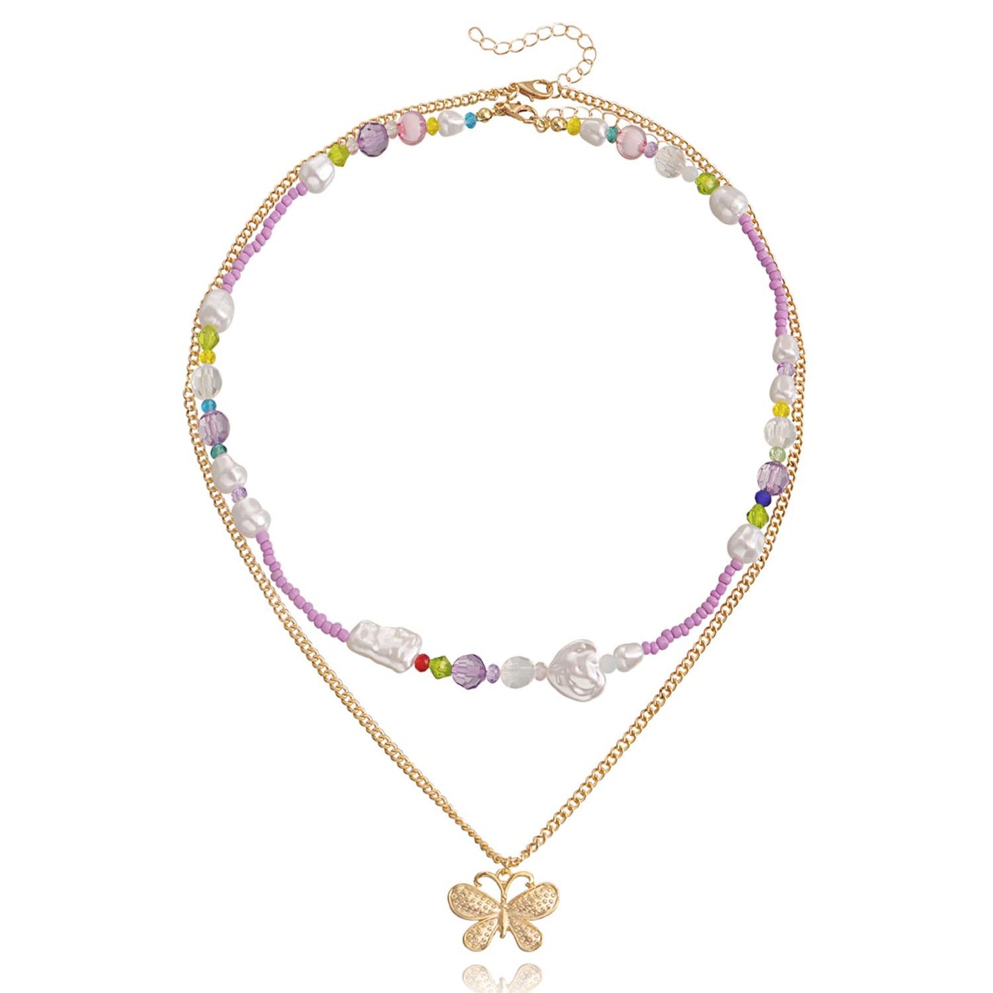 Jewelry Retro Metal Three-dimensional Butterfly Beads Necklace Women's Versatile Beaded Woven Pearl Necklace