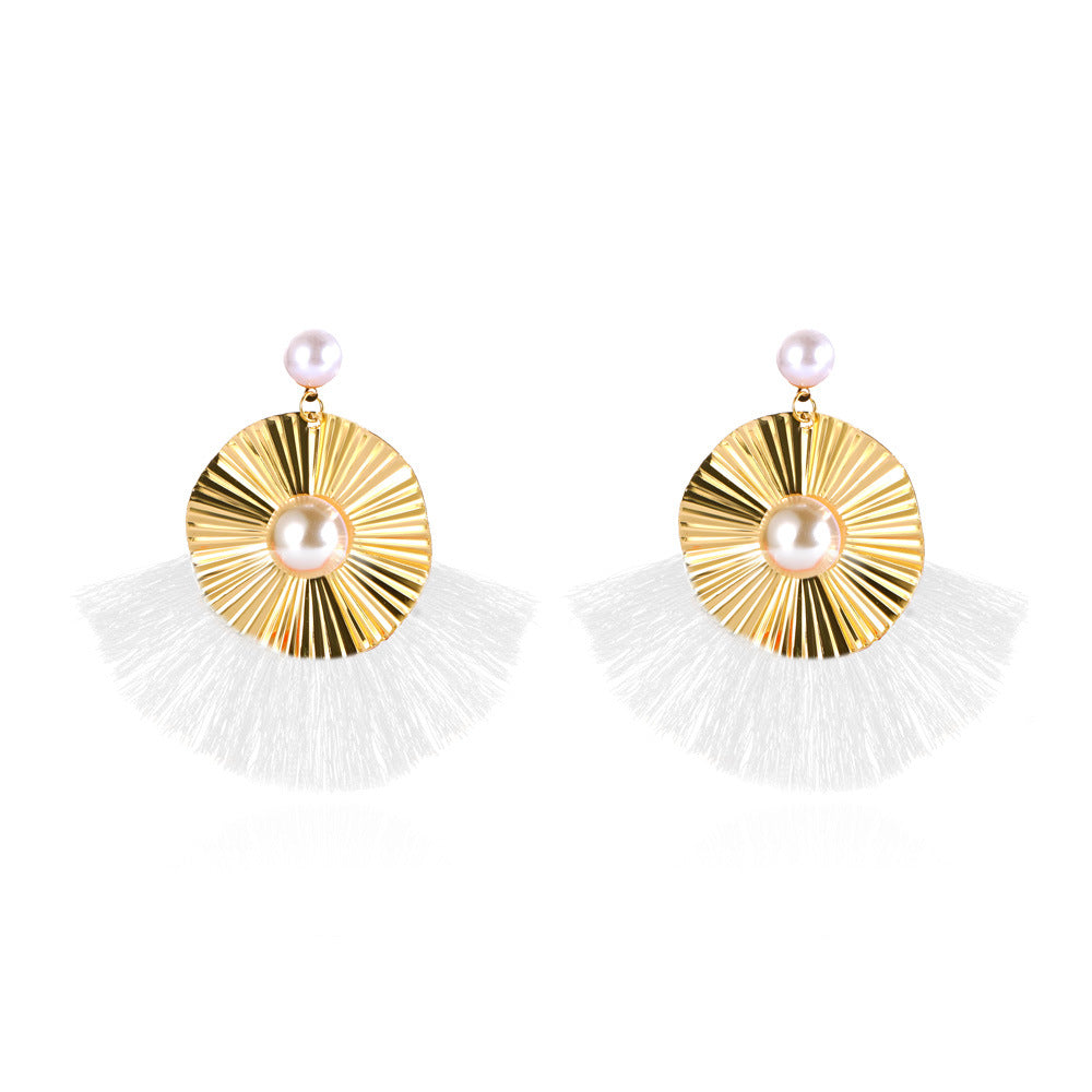Exaggerated Metal Tassel Earrings Bohemian Fan-shaped Irregular Earrings Retro Geometric Pearl Earrings