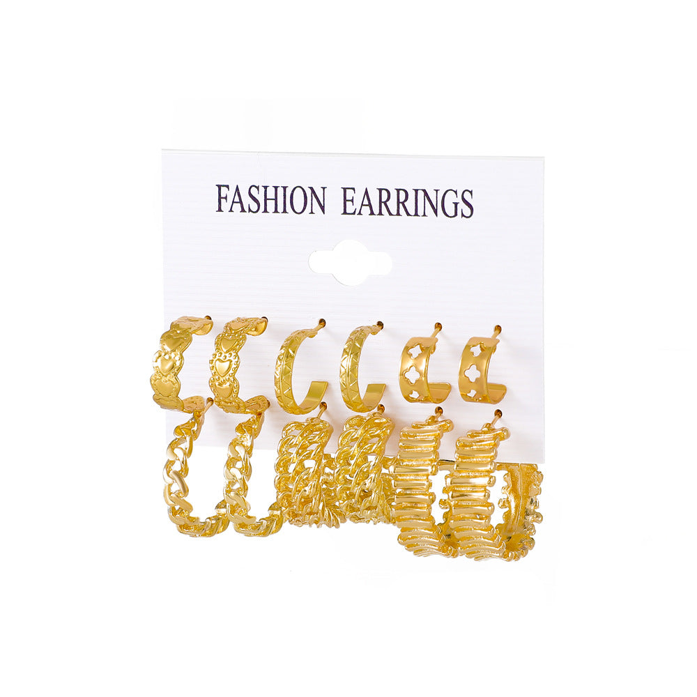 Fashionable Metal Hoop Earrings 6 Pairs Set Exaggerated Retro Geometric Earrings Versatile Earrings