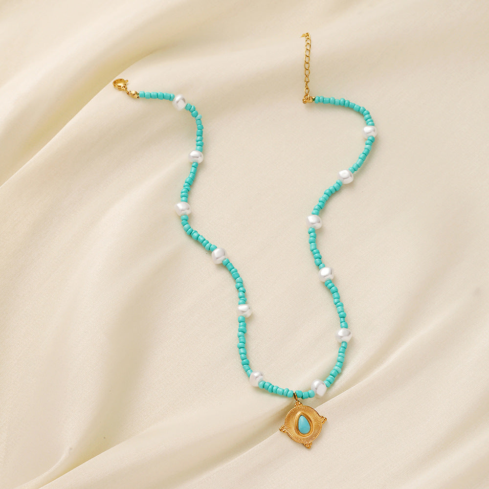 Summer ins ladies short choker stainless steel coin turquoise pearl sun necklace