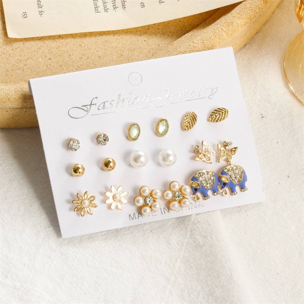 Simple Set Earrings Creative Cute Elephant Pearl Earrings Feminine Earrings Nine Pairs of Earrings