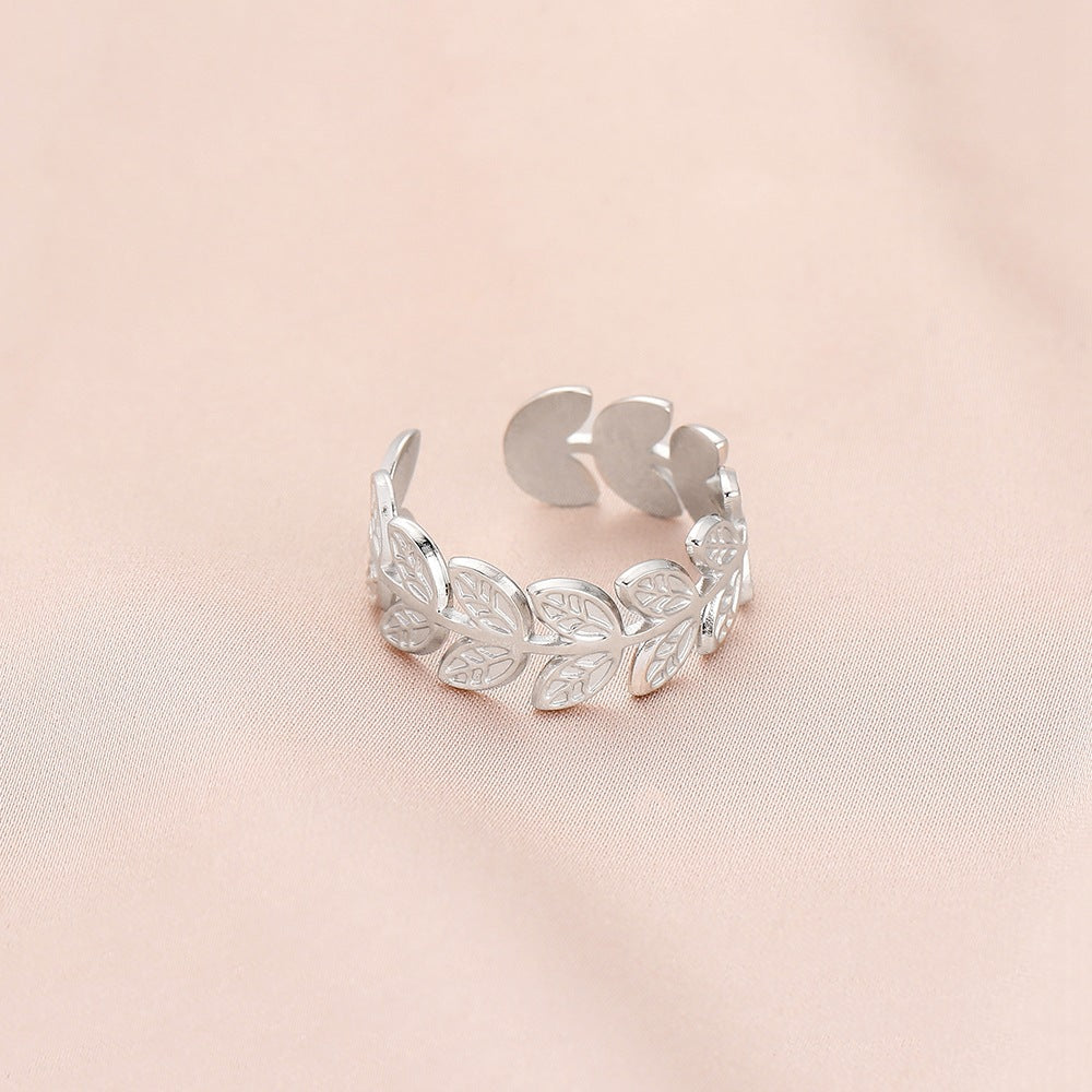 Fashion personality adjustable love stainless steel open ring simple feather leaf heart-shaped ring jewelry