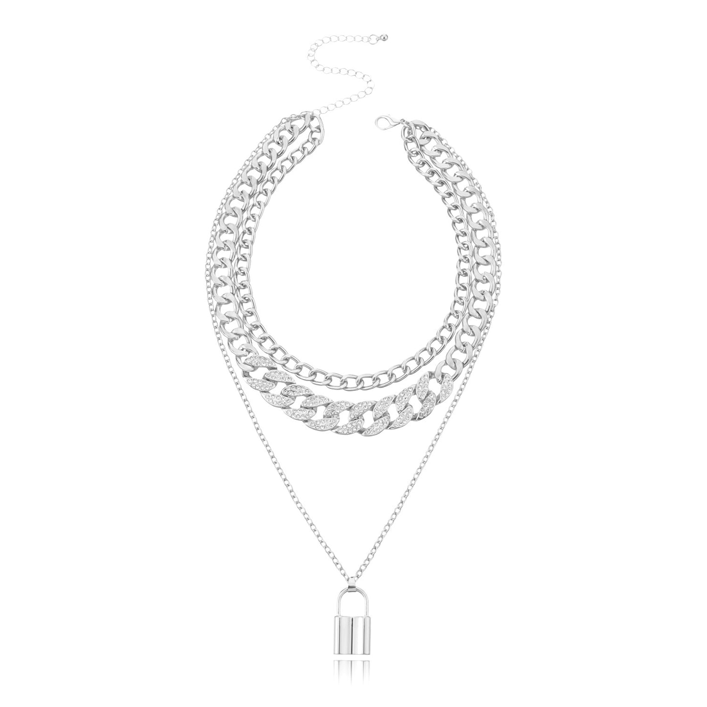 Geometric Metal Lock Pendant Necklace Femininity Versatile Multi-layer Full Diamond Chain Necklace