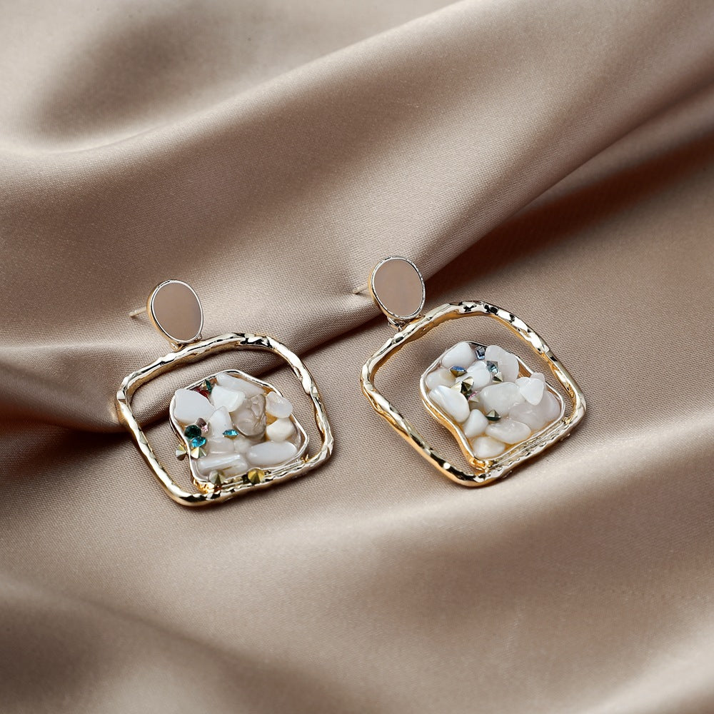 Ins geometric fashion hollow heart gravel earrings retro original stone drop oil earrings stone ear jewelry female