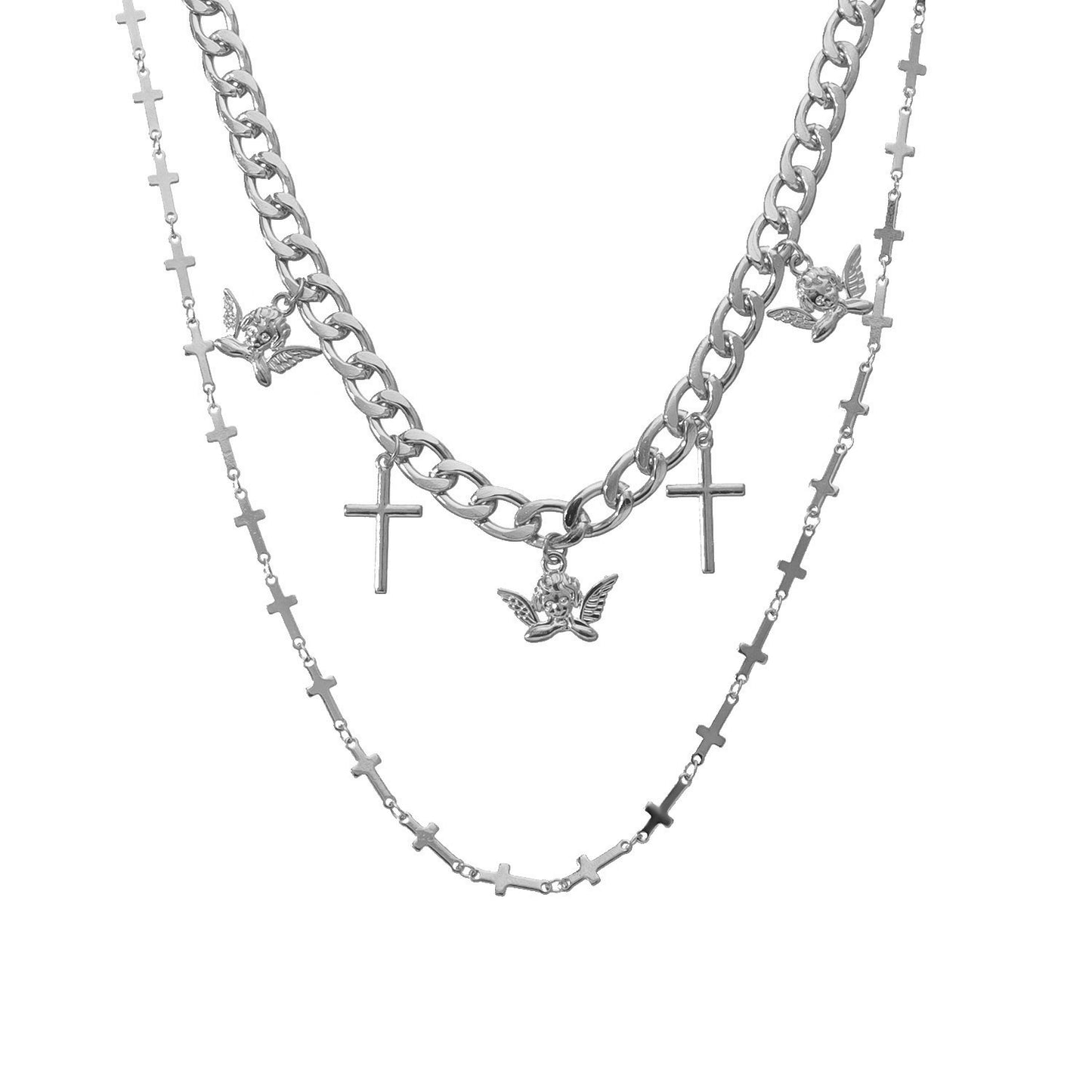 Jewelry Cross Angel Wings Pendant Necklace Double Layer Fashion Trend Metal Necklace