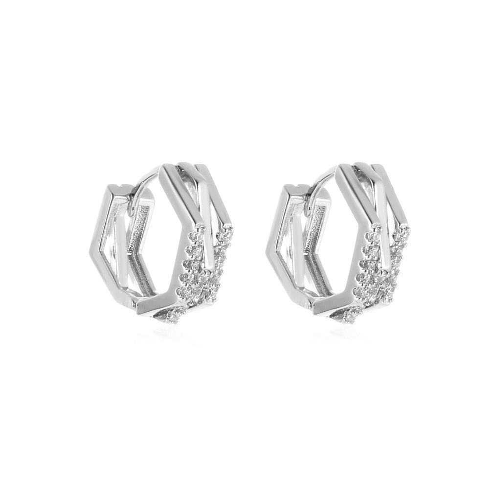 Metal polygonal earrings simple cold micro-inlaid zircon earrings net red high-end geometric earrings jewelry