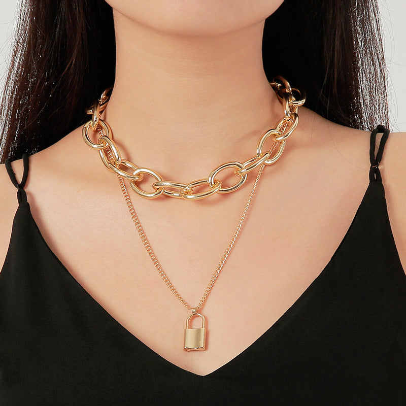 Retro Multilayer Necklace Creative Coin Love Lock Sweater Chain Metal Thick Chain Clavicle Chain Accessories