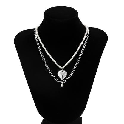Jewelry Versatile O Word Beaded Geometric Necklace Creative Imitation Pearl Peach Heart Double Necklace Women