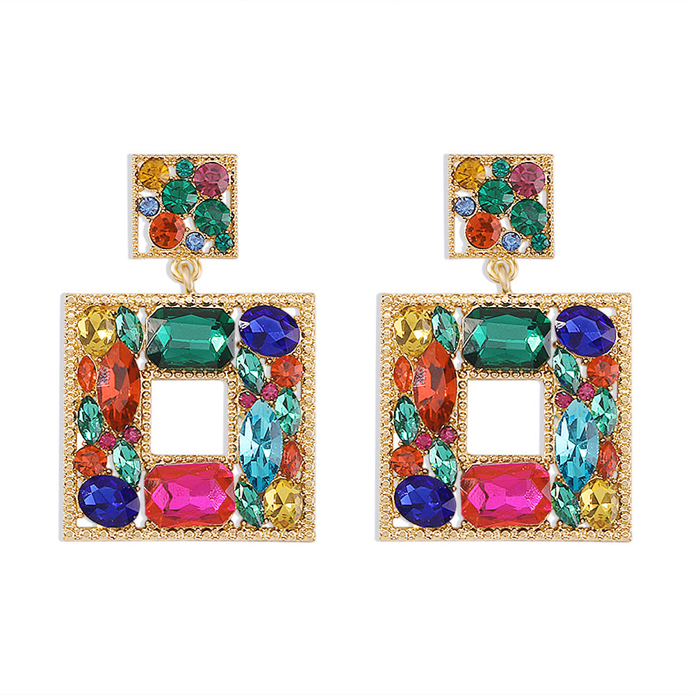 E9894 Fashion Colored Diamond Square Earrings Personality Glass Diamond Earrings Geometric Hollow Retro Earrings Women