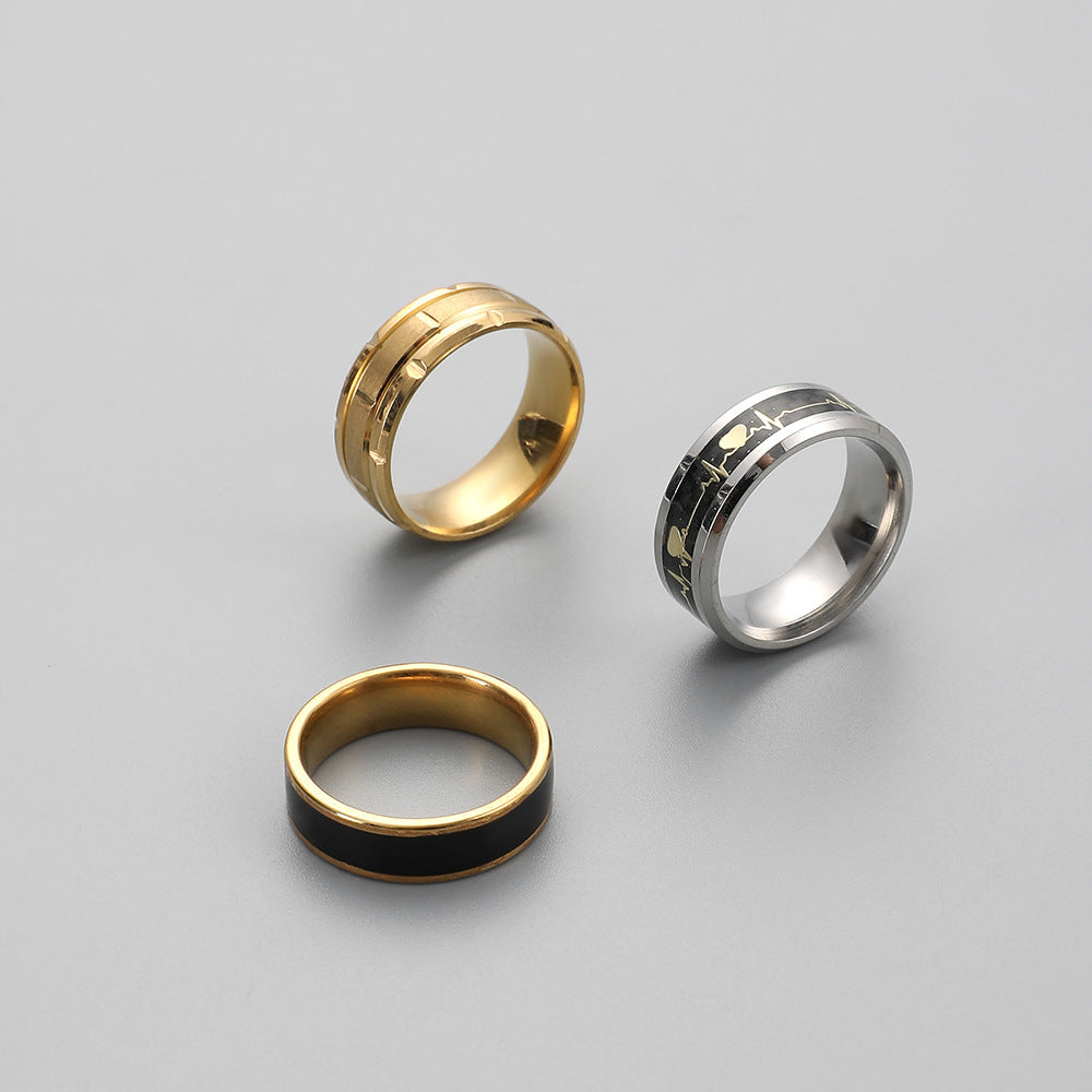 Fashion Simple Domineering Personality Trend Men's Stainless Steel Chain Stripe Black Drip Oil Ring Set Decoration