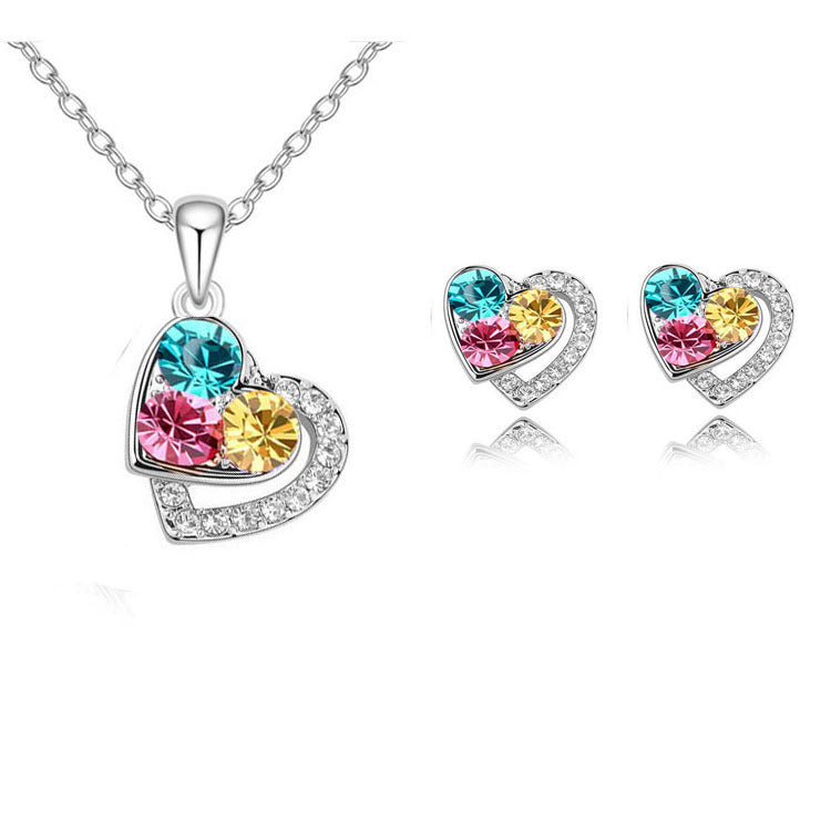 Fashion Women's Earrings Necklace Set Colorful Diamond Heart Shape Female Pendant Necklace Earrings Jewelry