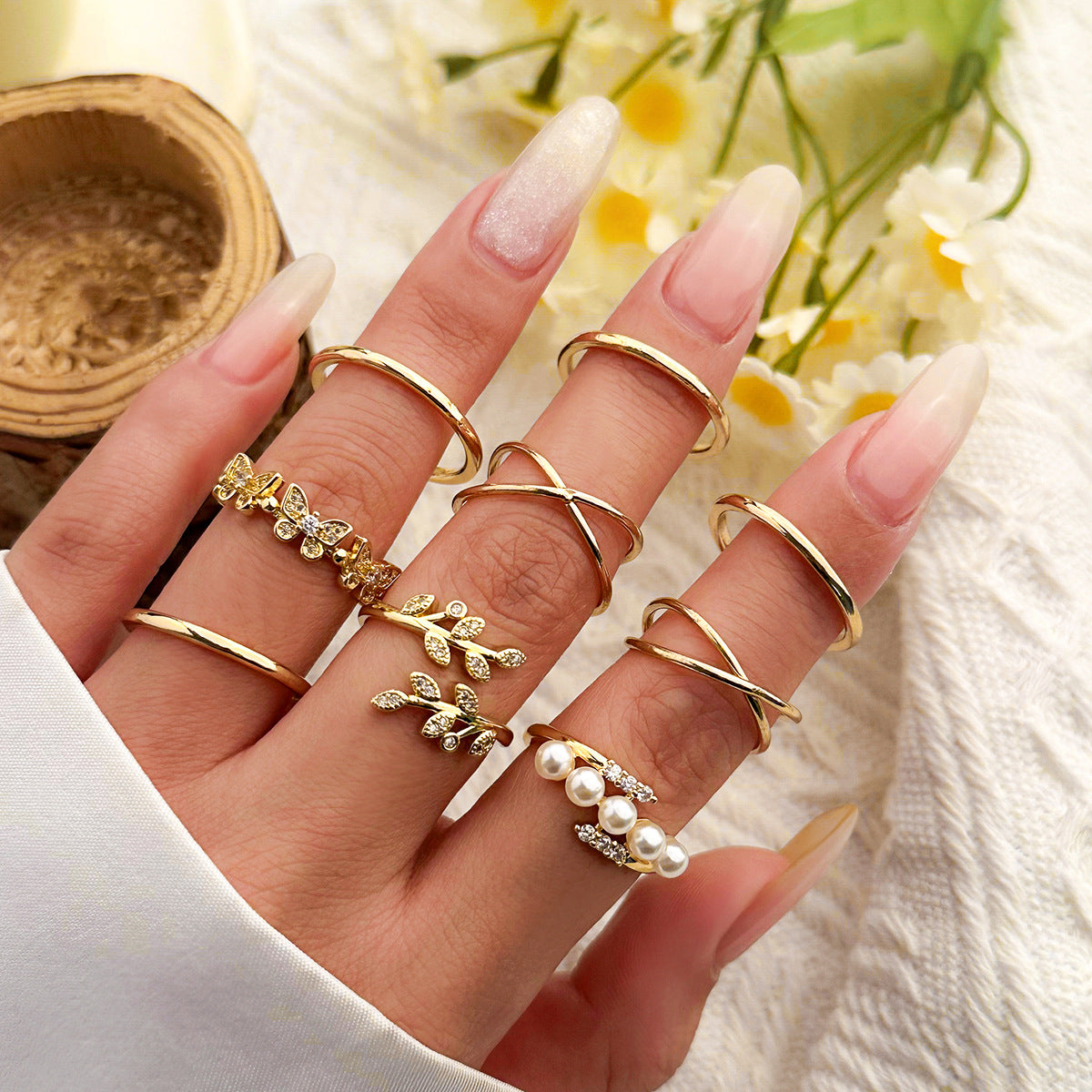 Jewelry Simple Mix and Match Turquoise Hand Jewelry Temperament Butterfly Geometric Micro-inlaid Diamond Ring Set Female