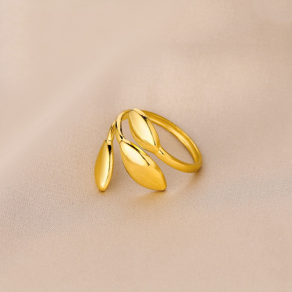 Fashion personality adjustable love stainless steel open ring simple feather leaf heart-shaped ring jewelry