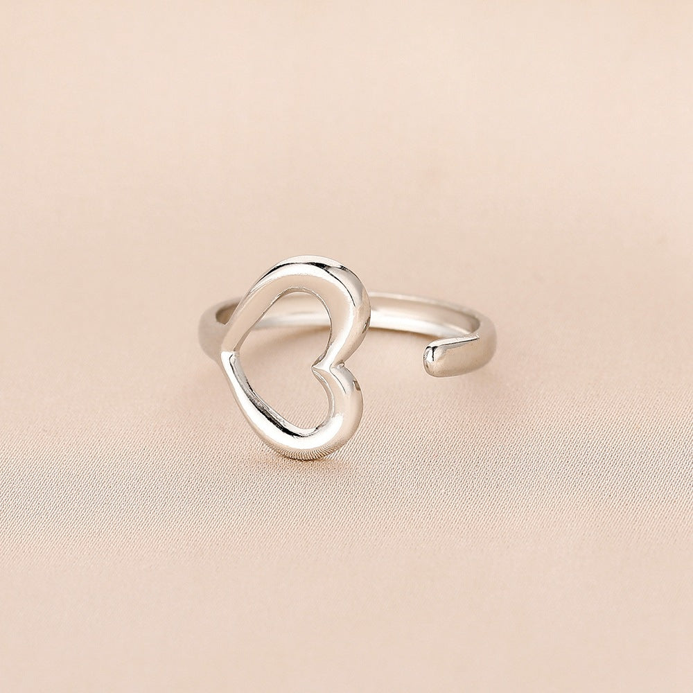 Fashion personality adjustable love stainless steel open ring simple feather leaf heart-shaped ring jewelry