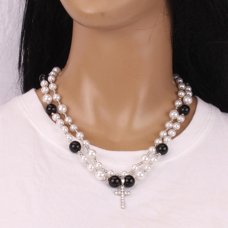 Fashion Vintage Ethnic Double Glass Pearl Pendant Simple Diamond Cross Necklace