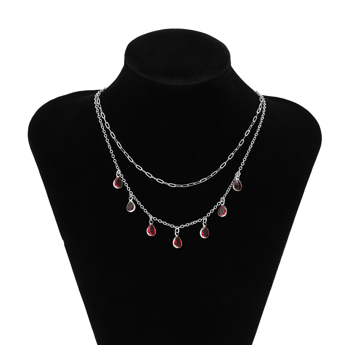 Jewelry Retro Design Water Drop Ruby Rhinestone Necklace Temperament Cross Chain Stacked Necklace
