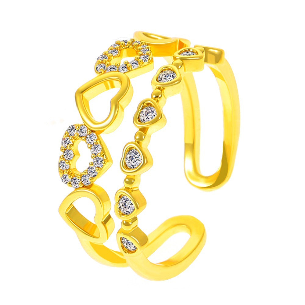 ins double love ring women's fashion light luxury diamond hollow heart-shaped opening index finger ring personality ring