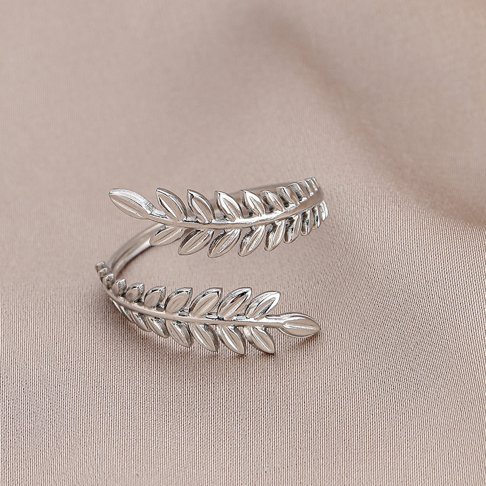 Personality adjustable stainless steel open ring simple feather leaf titanium steel ring jewelry female