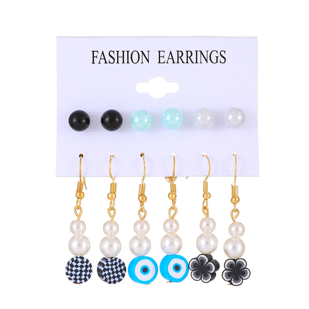 Ins color butterfly heart earring set fashion pearl flower mushroom earring six-piece set trendy