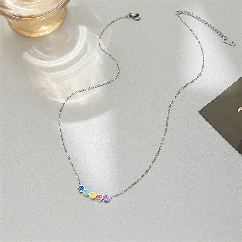Small and colorful mini smiley necklace women's titanium steel cute rainbow smiley face does not fade high-end niche
