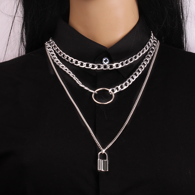 Big-name street shooting popular fashion metal lock pendant multi-layer women's necklace Amazon ring jewelry female