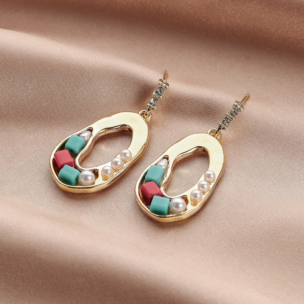 Geometric Pearl Color Gravel Earrings Heart Hollow Ear Studs Retro Temperament Fashion Trendy Earrings