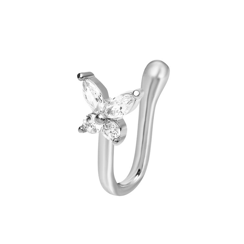 Butterfly Non-Perforated Nose Clip Nose Ring Retro Fashion Copper Inlaid Zircon U-shaped Nose Nail Piercing Jewelry for Women