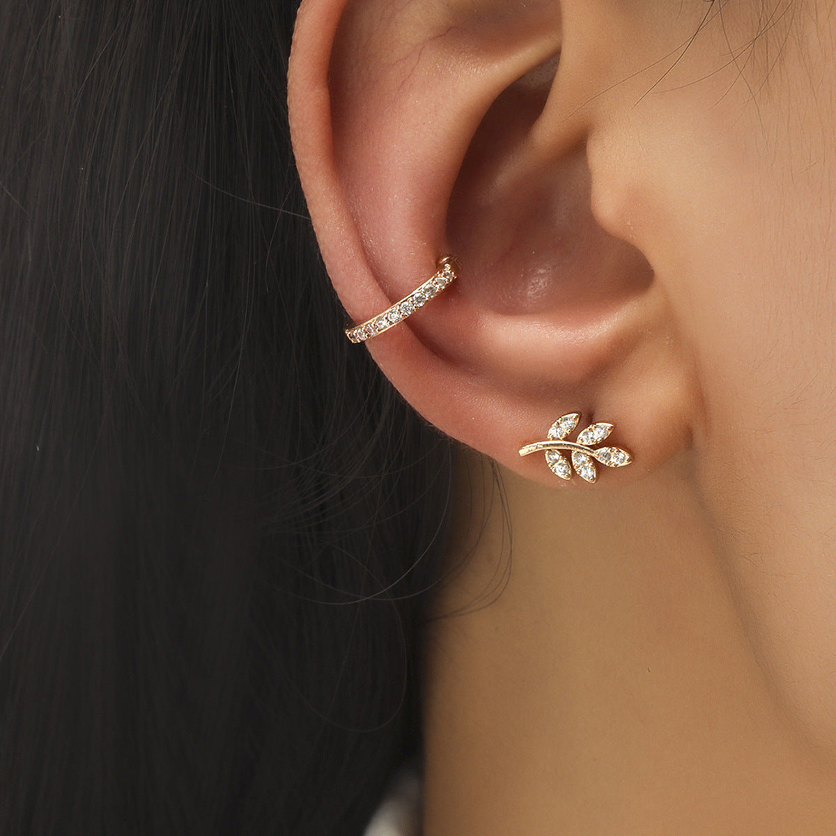 Simple Star Small Diamond Ear Clip Leaf Flower Sun Flower Geometric Pearl Zircon No Pierced Ear Stud Set