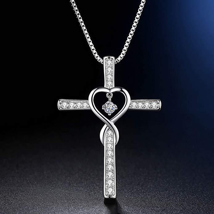 Fashion Cross Religious Belief Inlaid Zircon Pendant Necklace Heart Shape Necklace Jewelry