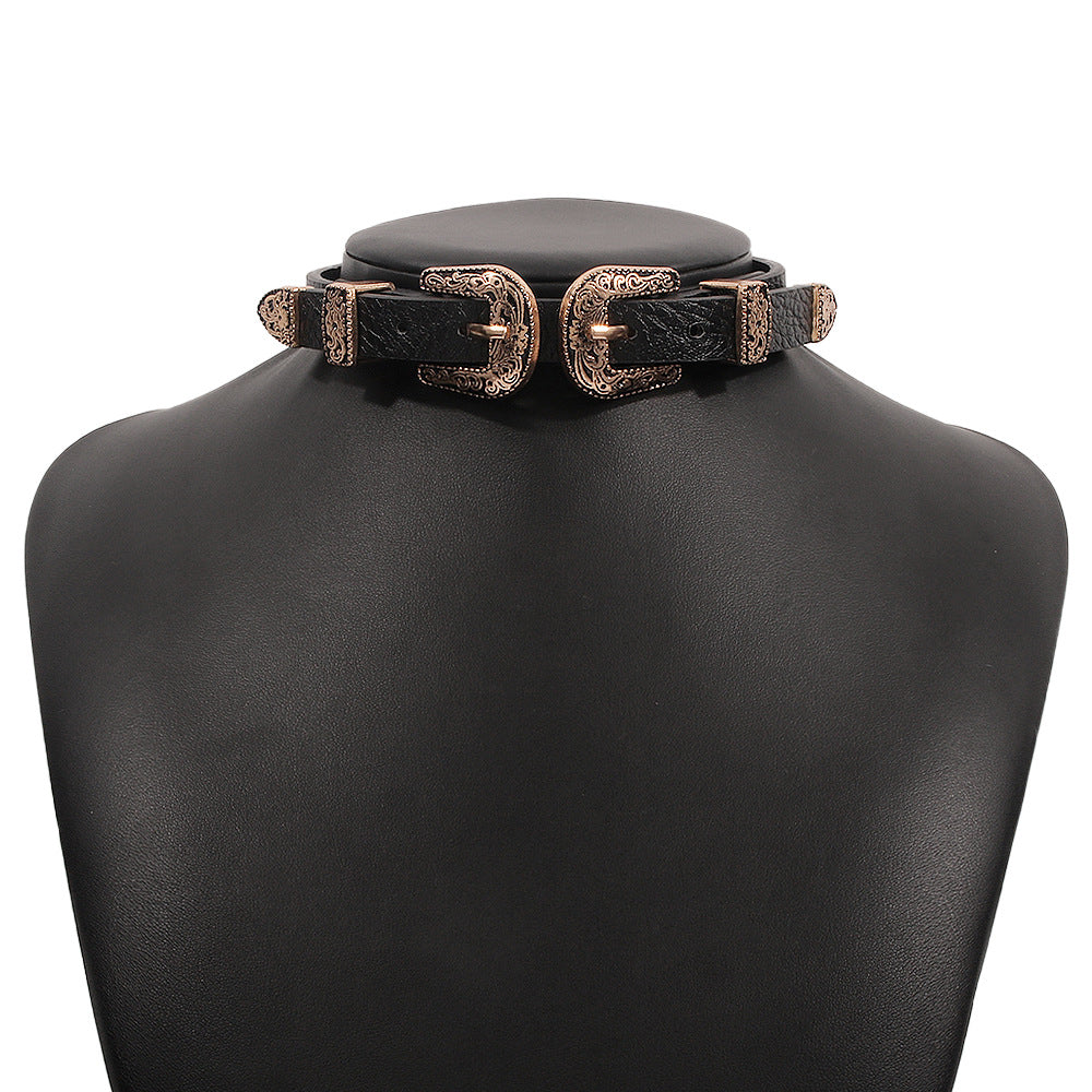 N9556 Street Shot Exaggerated Necklace Personality Neck Leather Necklace Metal Buckle Fashion Choker