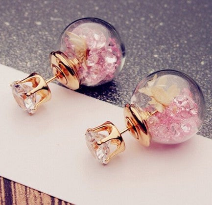 Fashion Glass Ball Broken Diamond Dried Flower Stud Earrings Taobao Double-sided Spherical Earrings Jewelry