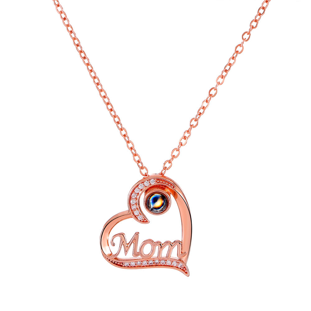 Diamond MOM Letter Heart Shaped Necklace Fashion Personality 1 Language Projection Clavicle Chain Mother's Day Necklace