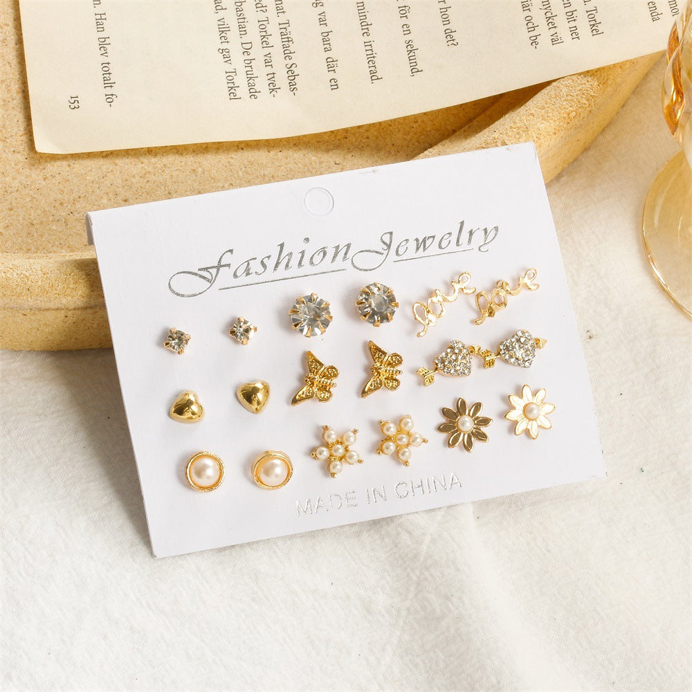 Simple Set Earrings Creative Cute Elephant Pearl Earrings Feminine Earrings Nine Pairs of Earrings