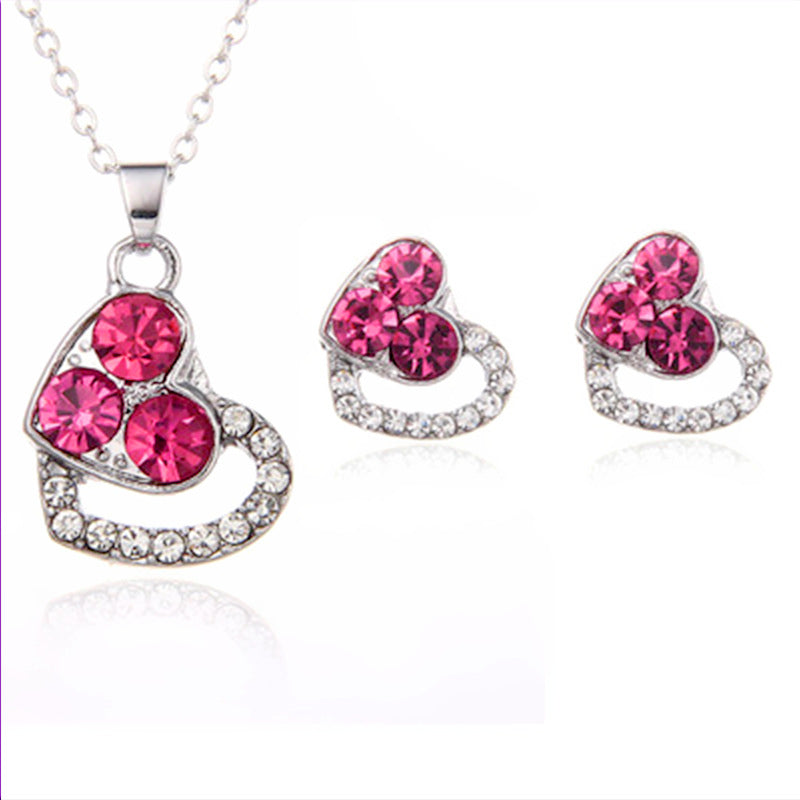 Fashion Women's Earrings Necklace Set Colorful Diamond Heart Shape Female Pendant Necklace Earrings Jewelry