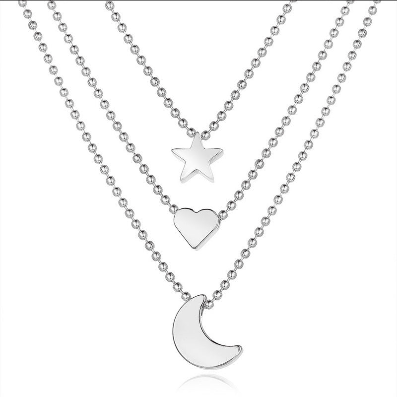 Women's Bohemian Clavicle Chain Star Moon Love Heart Pendant Multilayer Necklace Jewelry