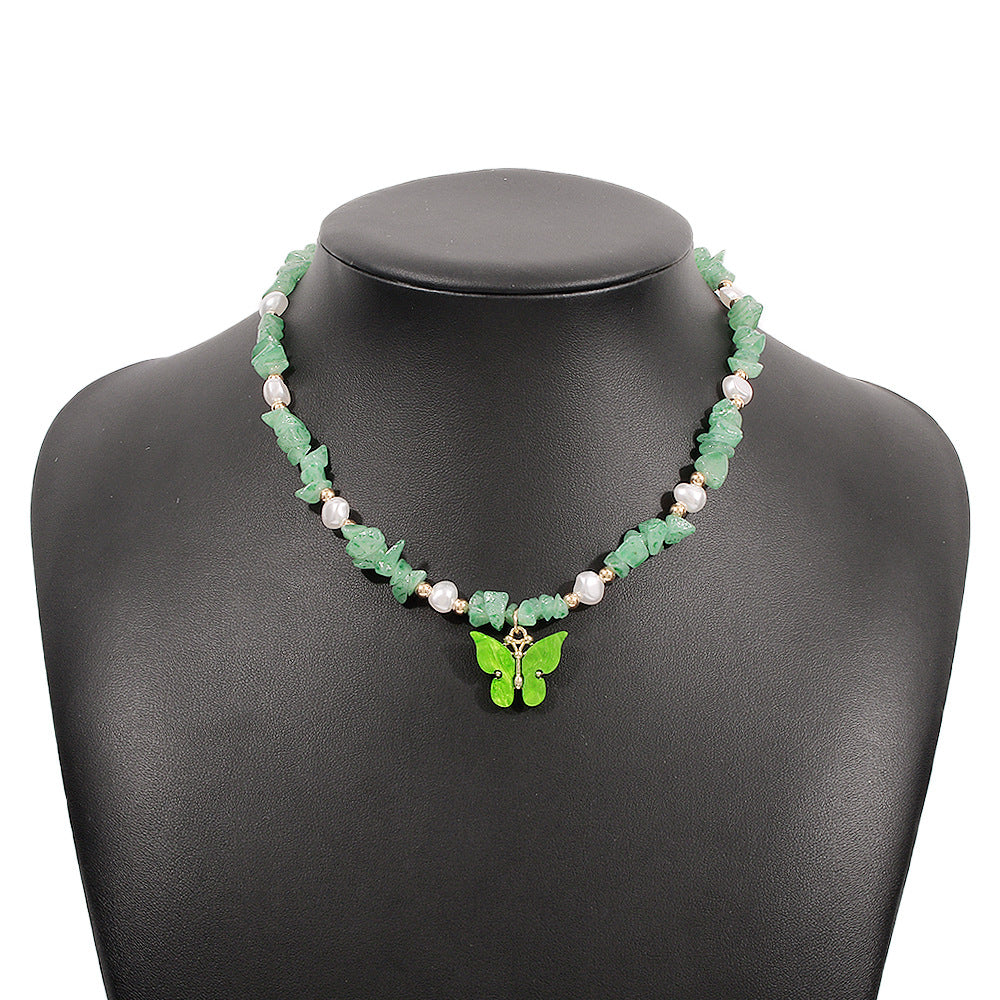 N9967 Net Red Necklace Female Xiaoxiang Retro Contrast Color Collarbone Necklace Imitation Pearl Butterfly Beaded Necklace