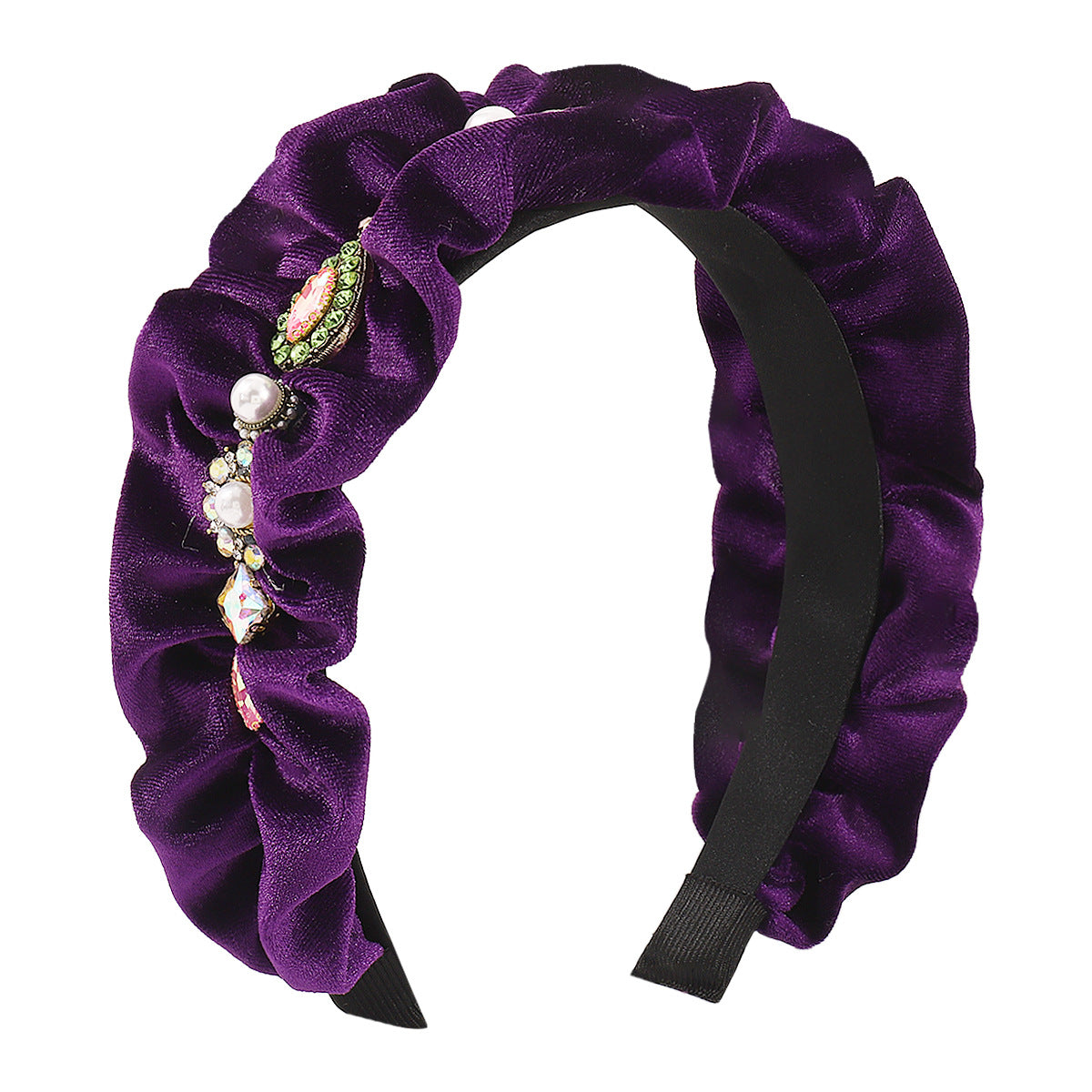 F528 retro velvet folds pearl rhinestone headband French court exaggerated geometric light luxury headband