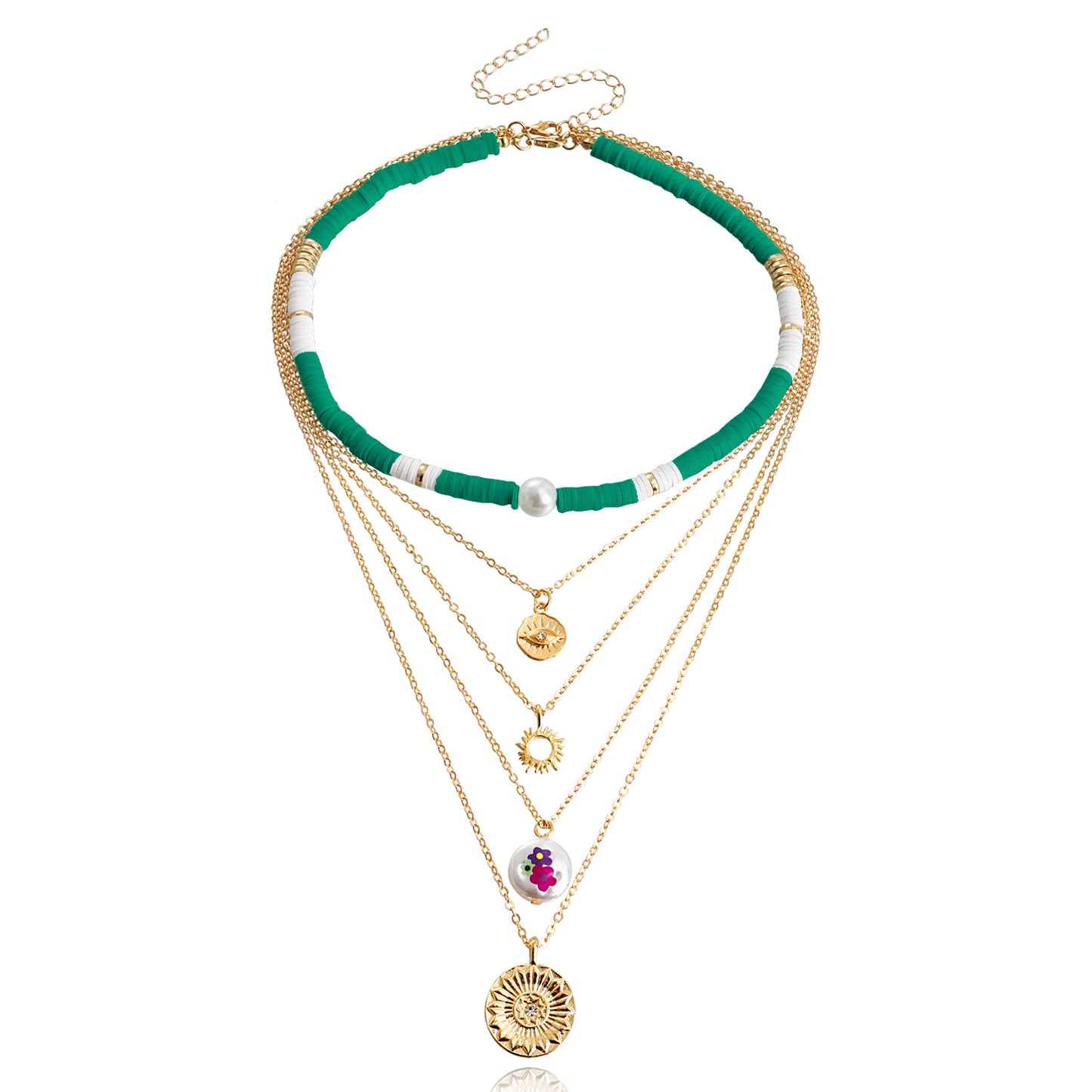Jewelry Bohemian retro multi-layer color soft pottery geometric round pendant necklace female personality