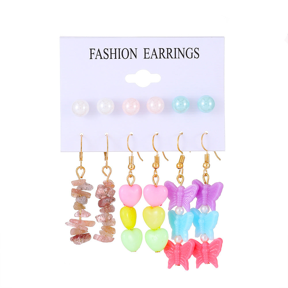 Ins color butterfly heart earring set fashion pearl flower mushroom earring six-piece set trendy