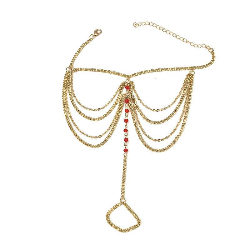 Beach temperament imitation crystal multi-layer tassel chain foot decoration national bride finger metal anklet