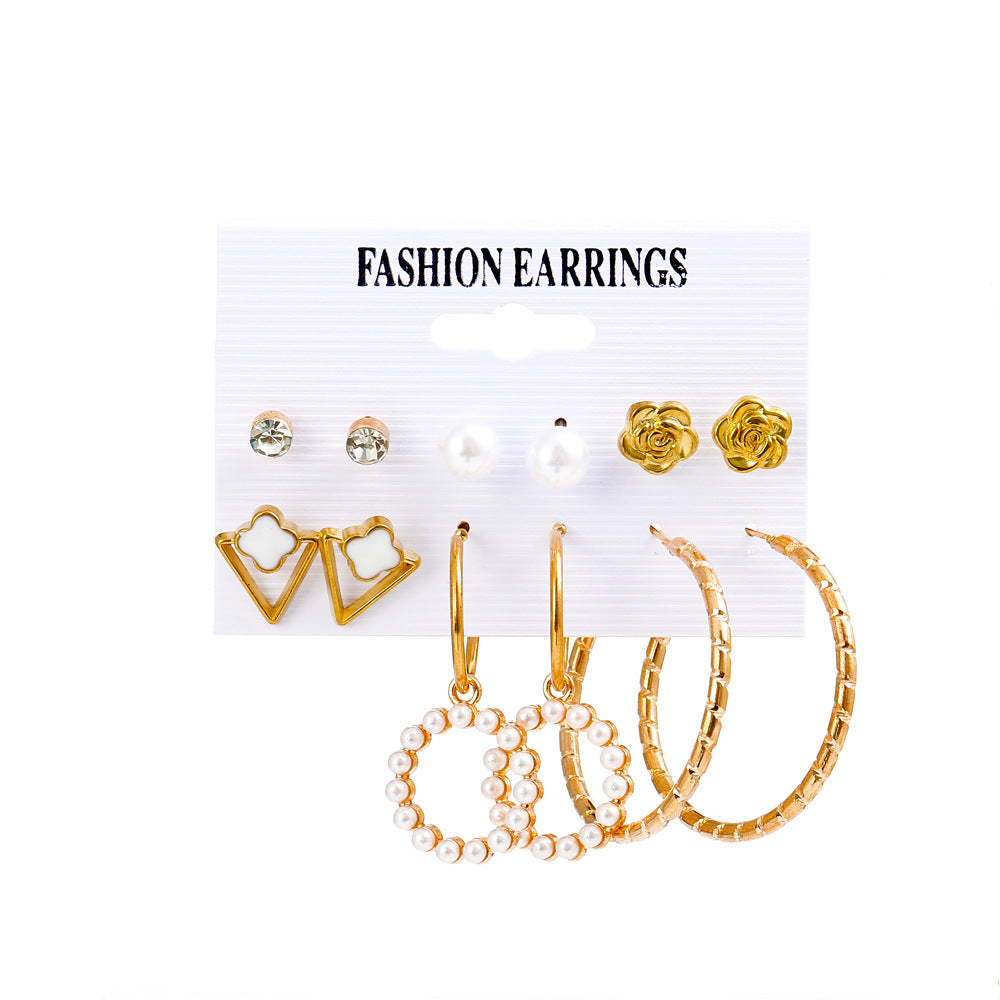 Pearl Earring Set Fashion Butterfly Earrings Metal Geometric Hoop Earrings Six-Piece Set