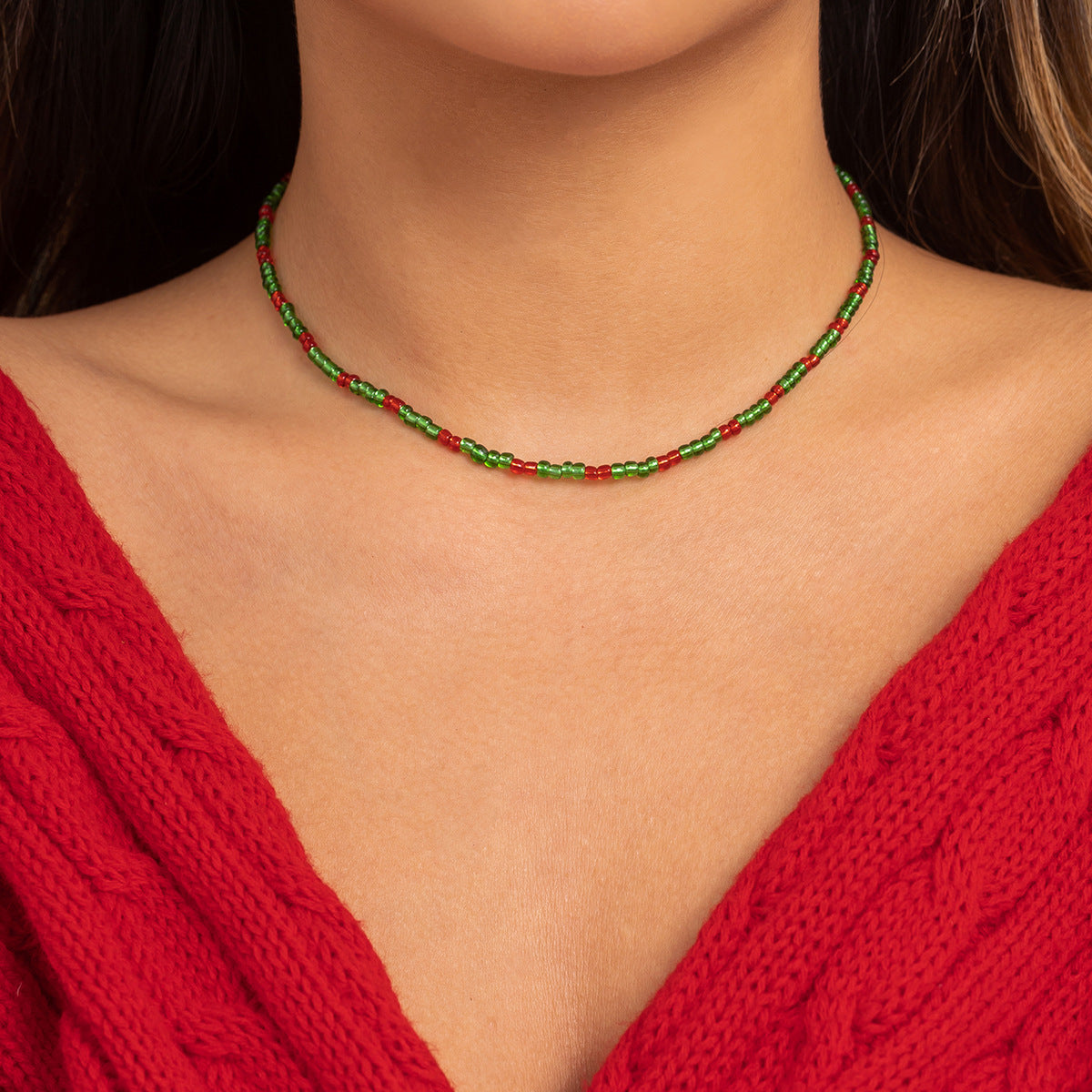 Ornament simple contrast color rice bead beaded necklace female fashion creative Christmas necklace choker