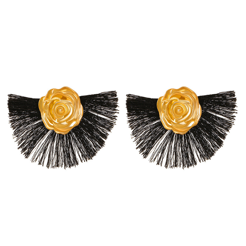 Ins fan-shaped tassel earrings female Bohemian ethnic exaggerated rose geometric earrings temperament